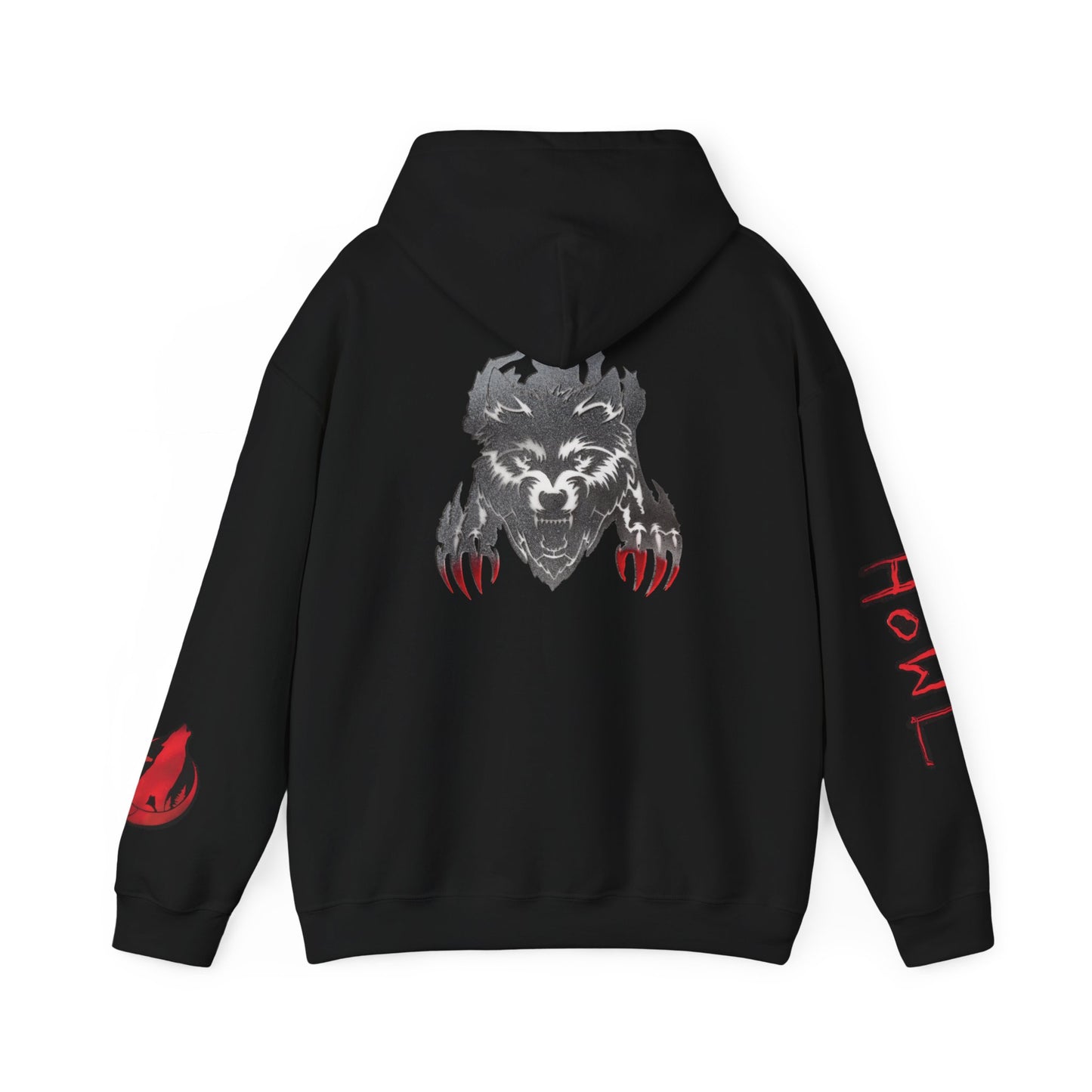 Howl Wolf Hoodie - Black Graphic Pullover with Red Claw Accents
