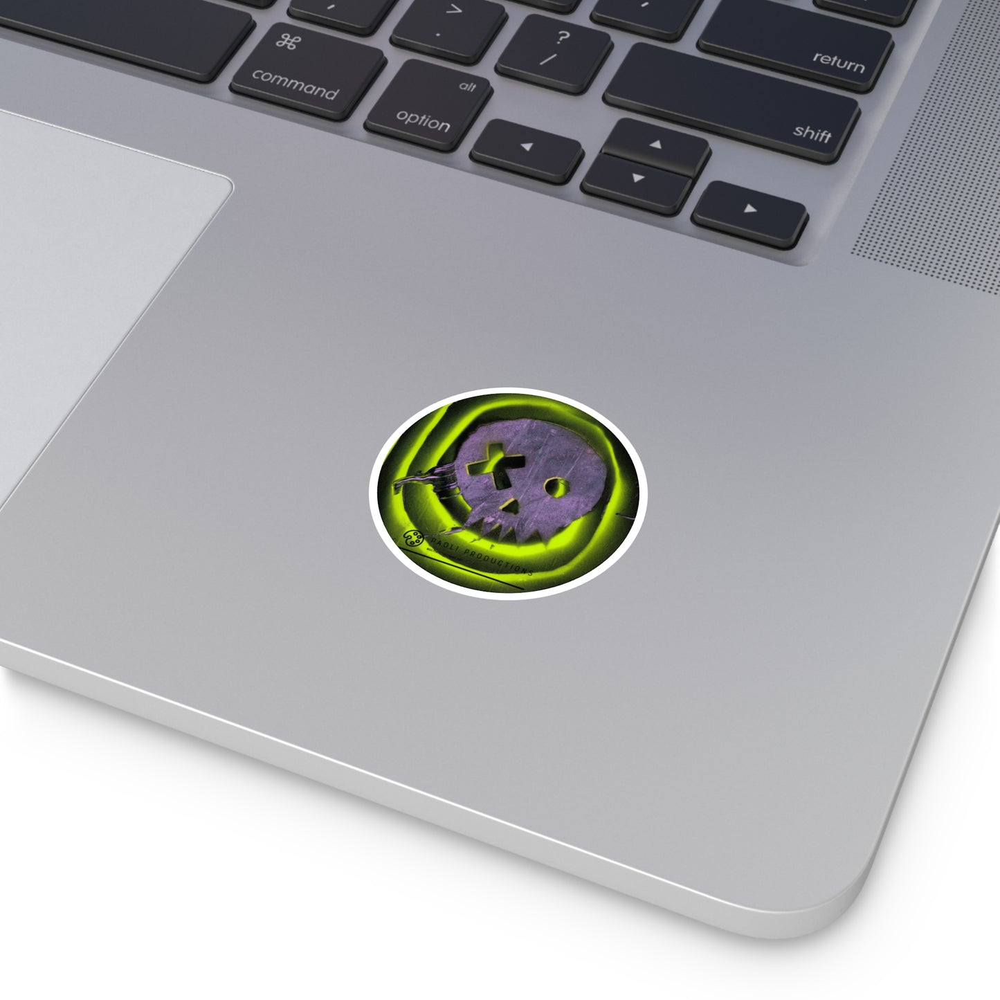 Project Flux - Neon Skull - Round Sticker — Glow Green Retro Grunge Laptop Decal