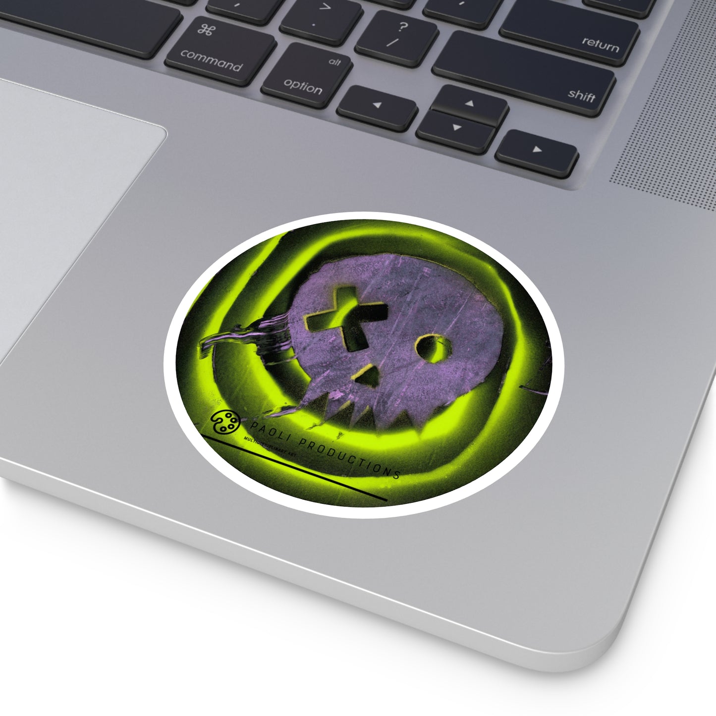 Project Flux - Neon Skull - Round Sticker — Glow Green Retro Grunge Laptop Decal