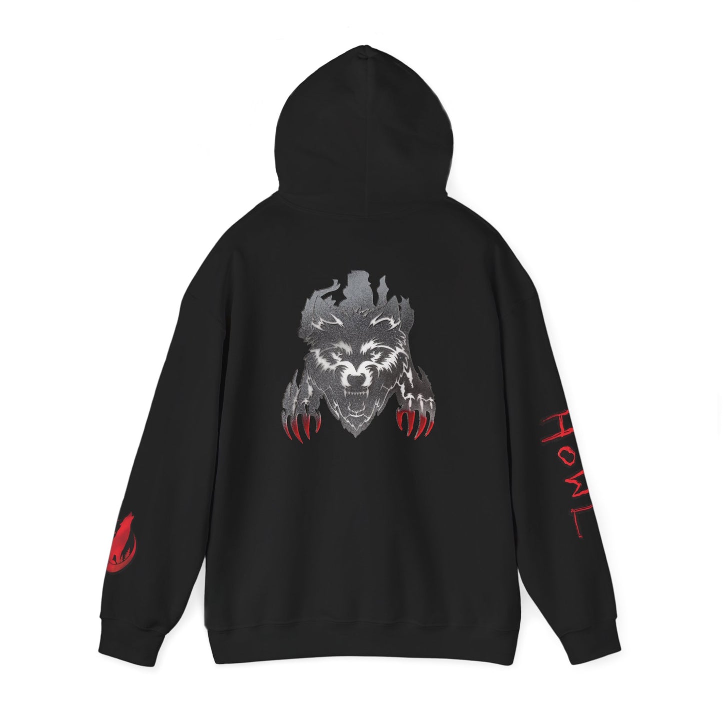 Howl Wolf Hoodie - Black Graphic Pullover with Red Claw Accents
