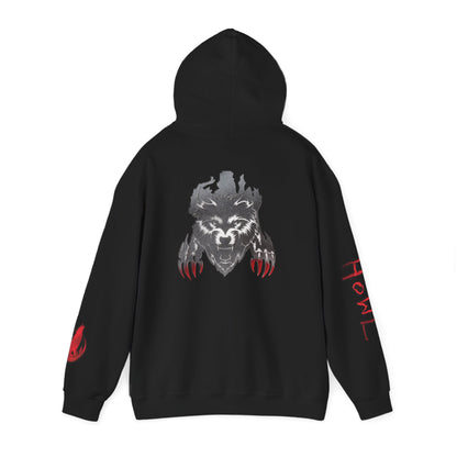 Howl Wolf Hoodie - Black Graphic Pullover with Red Claw Accents