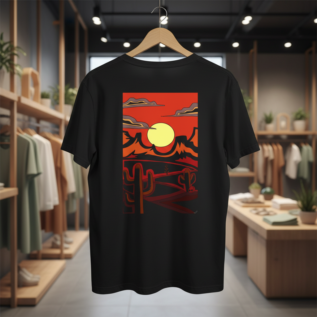 Black T-Shirt Back View with Desert Sunset Print on Hanger